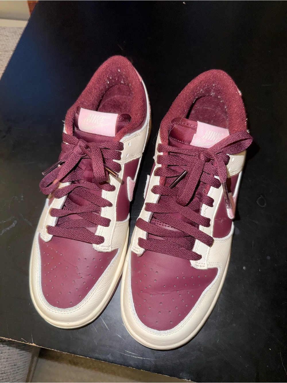 Nike Women's Low-Top Sneakers in Burgundy and Cream with Pink Tongue